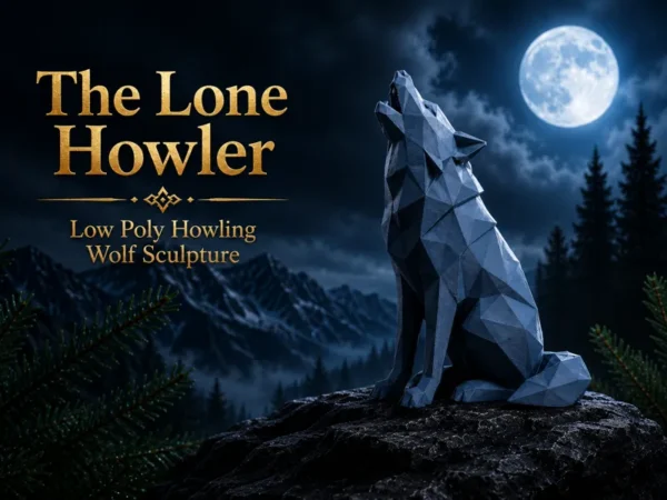 Low-poly howling wolf on a rocky ledge beneath a full moon, with The Lone Howler title, by FoxForge 3D