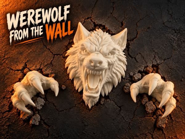 Werewolf head and two clawed hands emerging from a wall, a FoxForge 3D Halloween display model